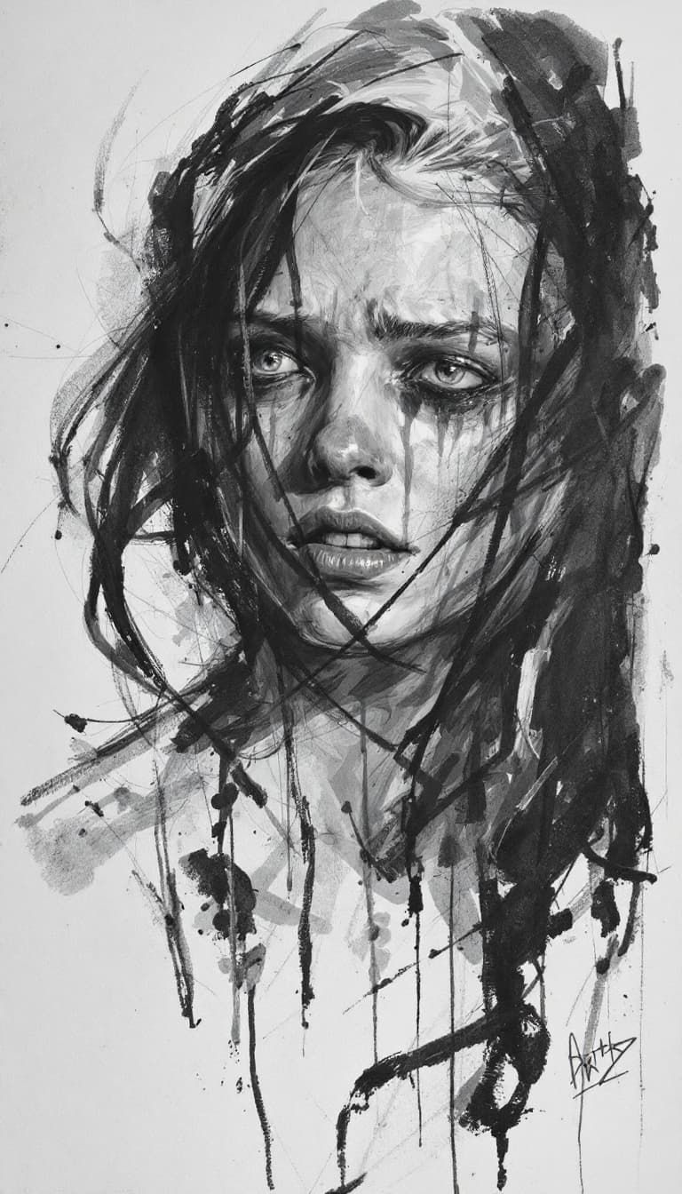 AI generated: Girl, charcoal sketch, scared