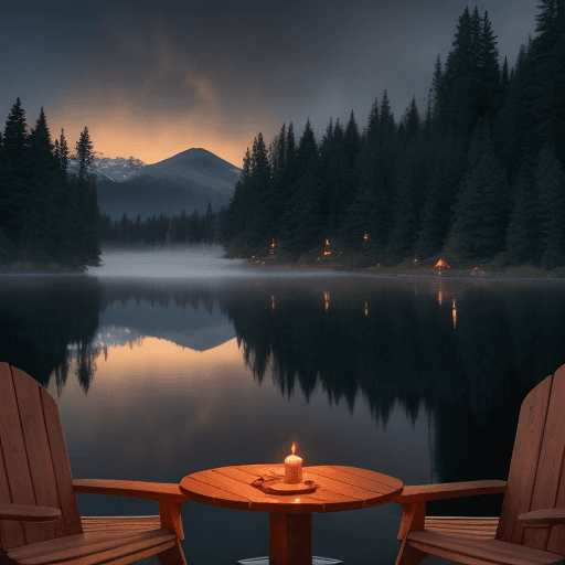 AI generated: Create a serene lake scene at twilight, with mist rolling gently over the water. Include large two c...