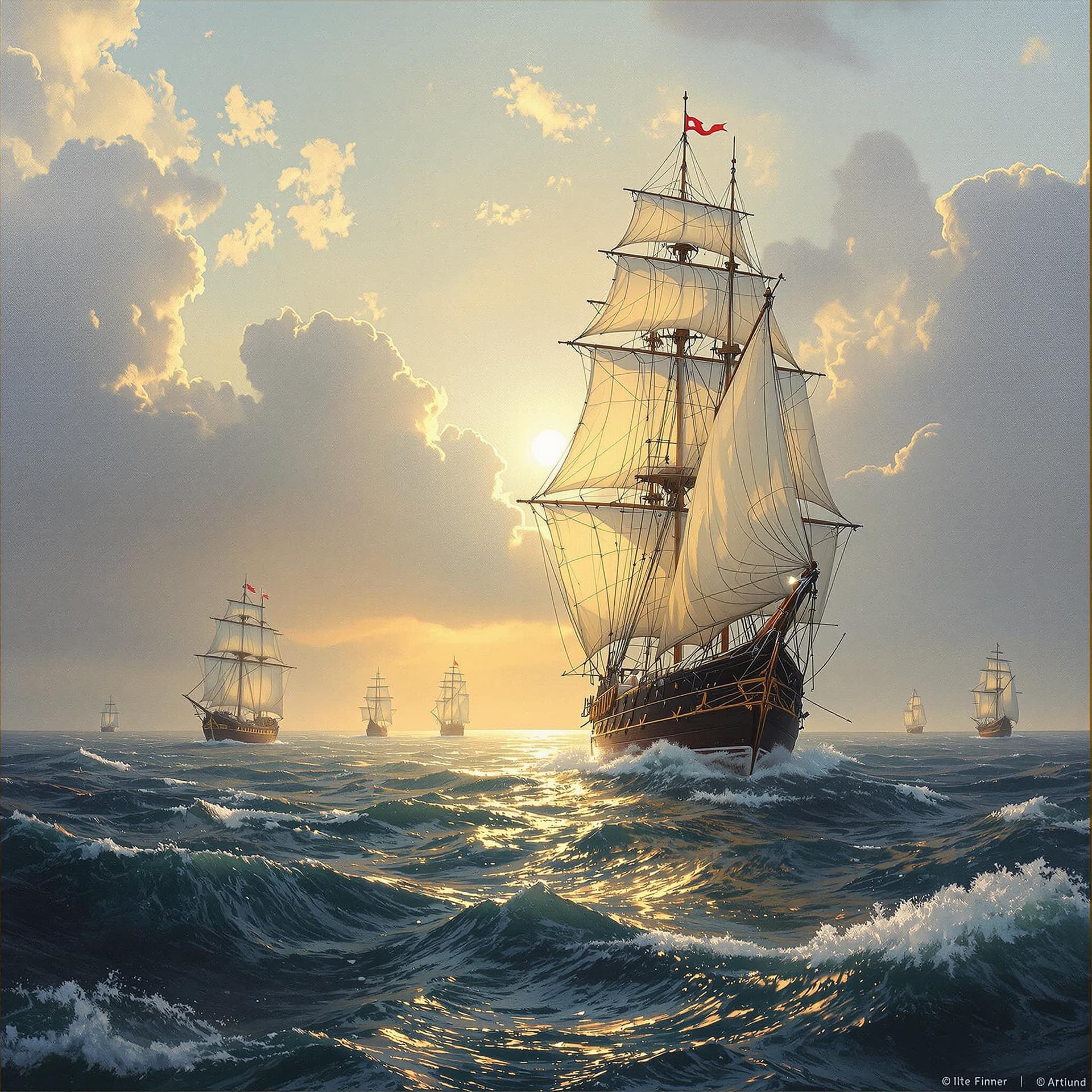 AI generated: Oil painting of an ultra-realistic schooner, dramatic light, pale sunrise, rough seas, and other sai...