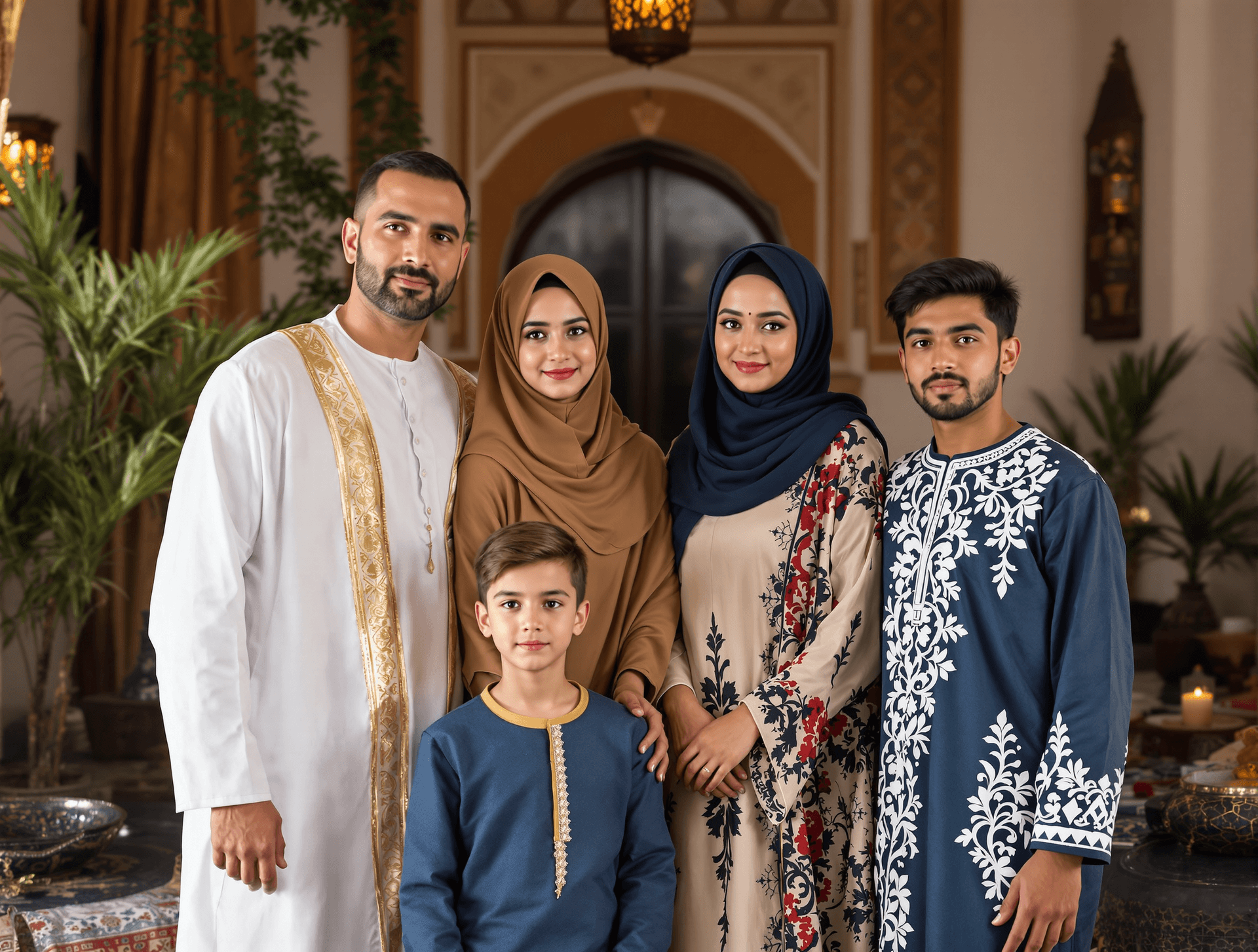 AI generated: A family of five poses for a photo in a riad in Fez, Morocco.  The family includes a father, a mothe...