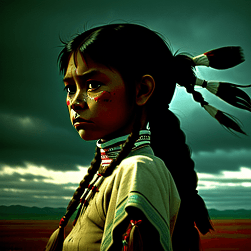AI generated: A Sioux girl, cinematic background, lonely, beautiful, powerful, modest
