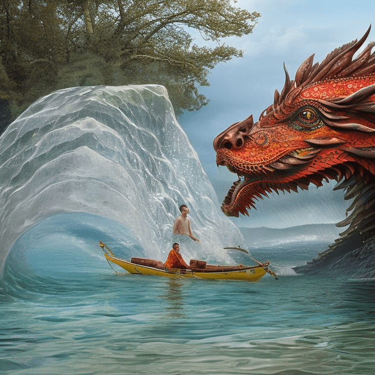 AI generated: a full wide photo shot of a person standing in the water next to a Chinese dragon, in the style of f...