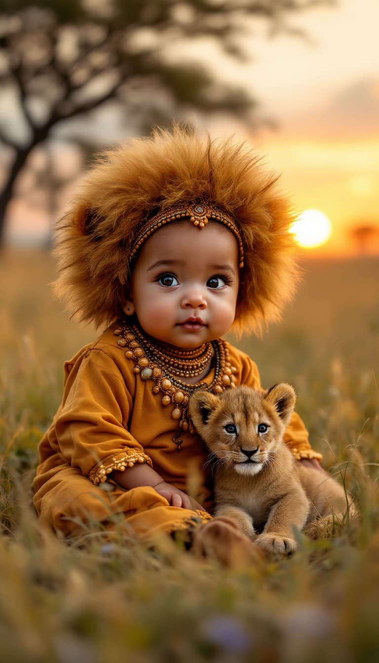 AI generated: A hyper-realistic image of a baby dressed in an African lion-themed outfit, featuring warm golden to...