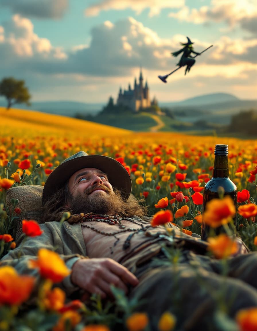 AI generated: a totally wasted  hippie with a dopey grin  in a field of poppies laying prone on ground while talki...