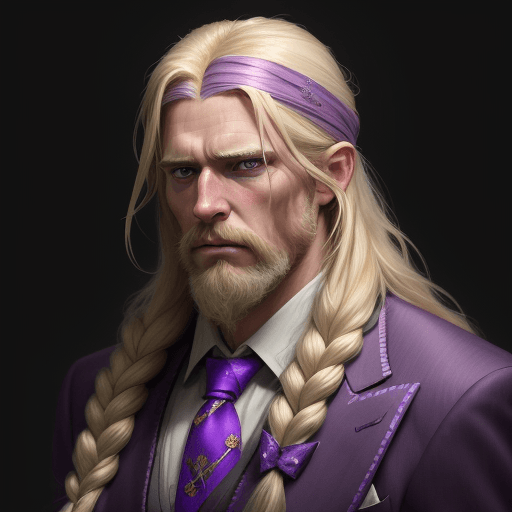 AI generated: 8k a middle aged country man with long blonde hair with one arm wearing purple and white suit with a...