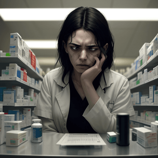 AI generated: A patient present in the pharmacy, near the counter, surrounded by many pills, an emotional scene wi...