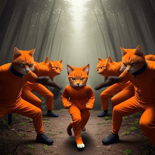 AI generated: Generate an image of a small, determined cat standing on his feet in the middle of a dense forest. T...