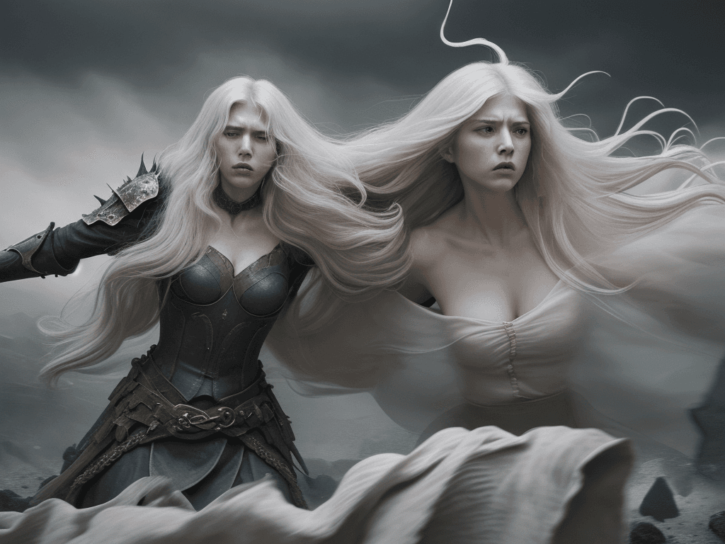 AI generated: a breathtakingly dramatic portrait of a powerful woman, poised at the forefront of a intense battle ...