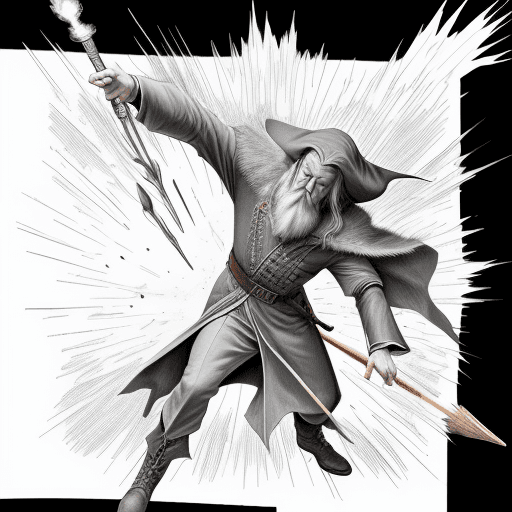 AI generated: a pencil artist illustration of a wizard firing his wand --s 750 --v 6. 0 --style raw