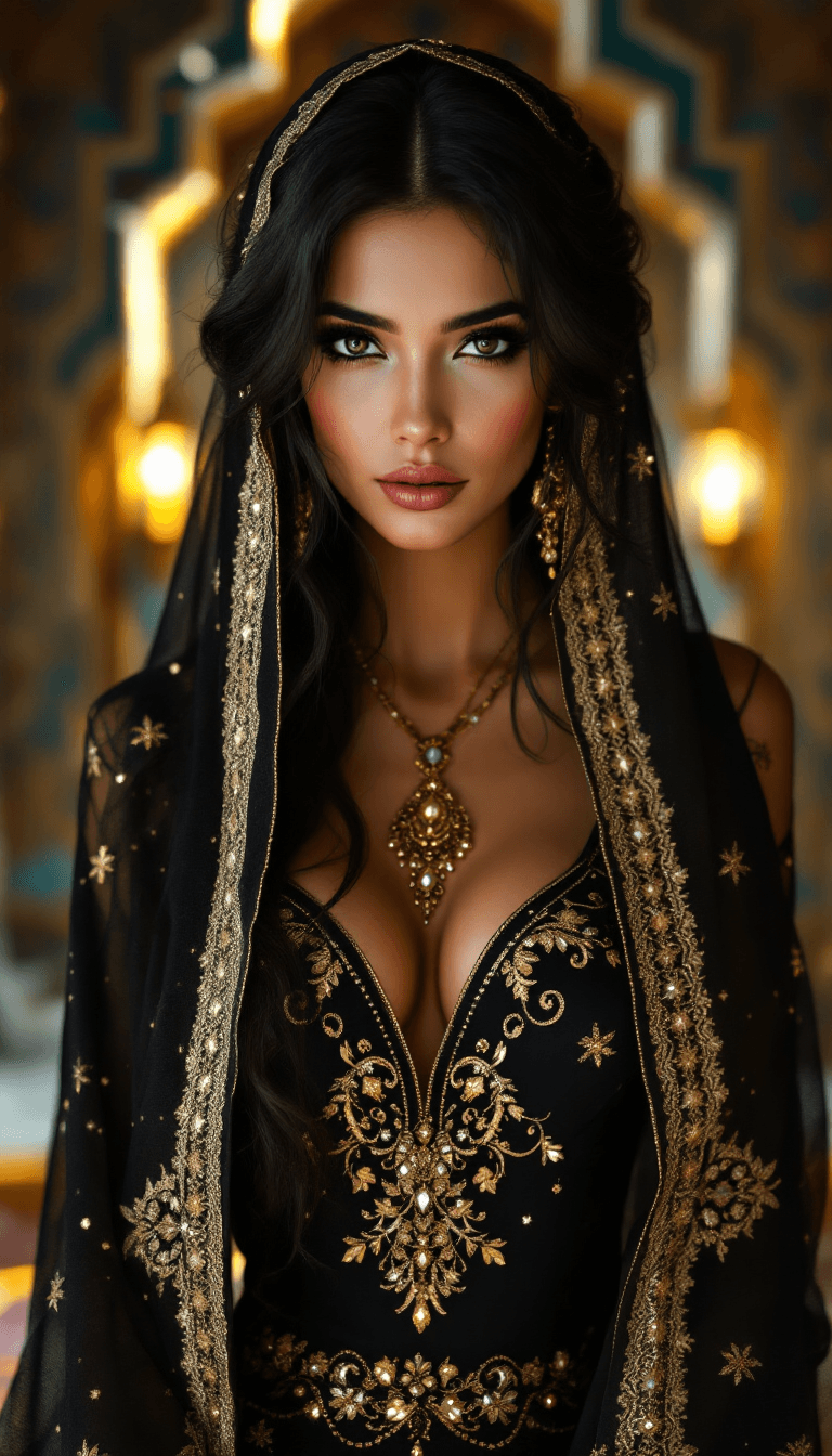 AI generated: /imagine prompt: An incredibly beautiful Arabian woman with striking black eyes and long dark hair, ...