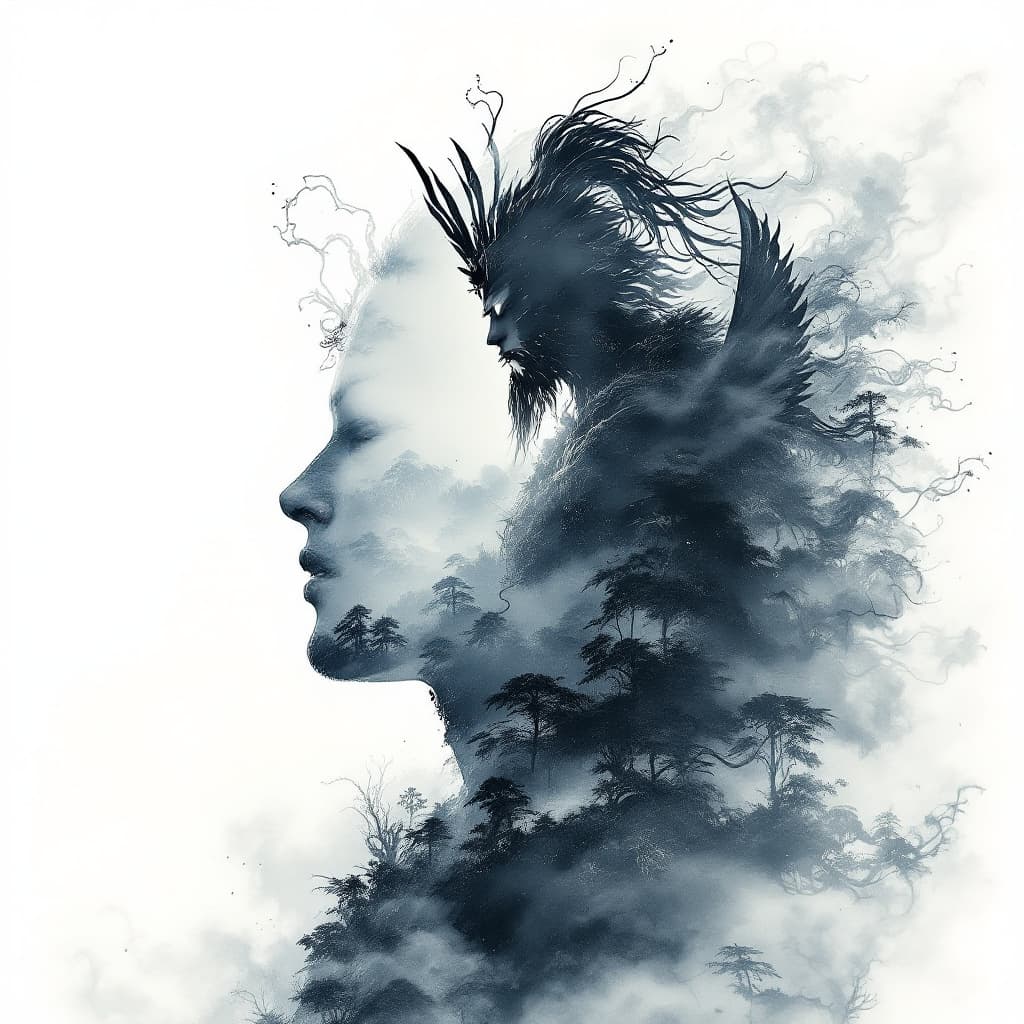 AI generated: Double Exposure Silhouette of Susanoo, Japanese Storm God:
