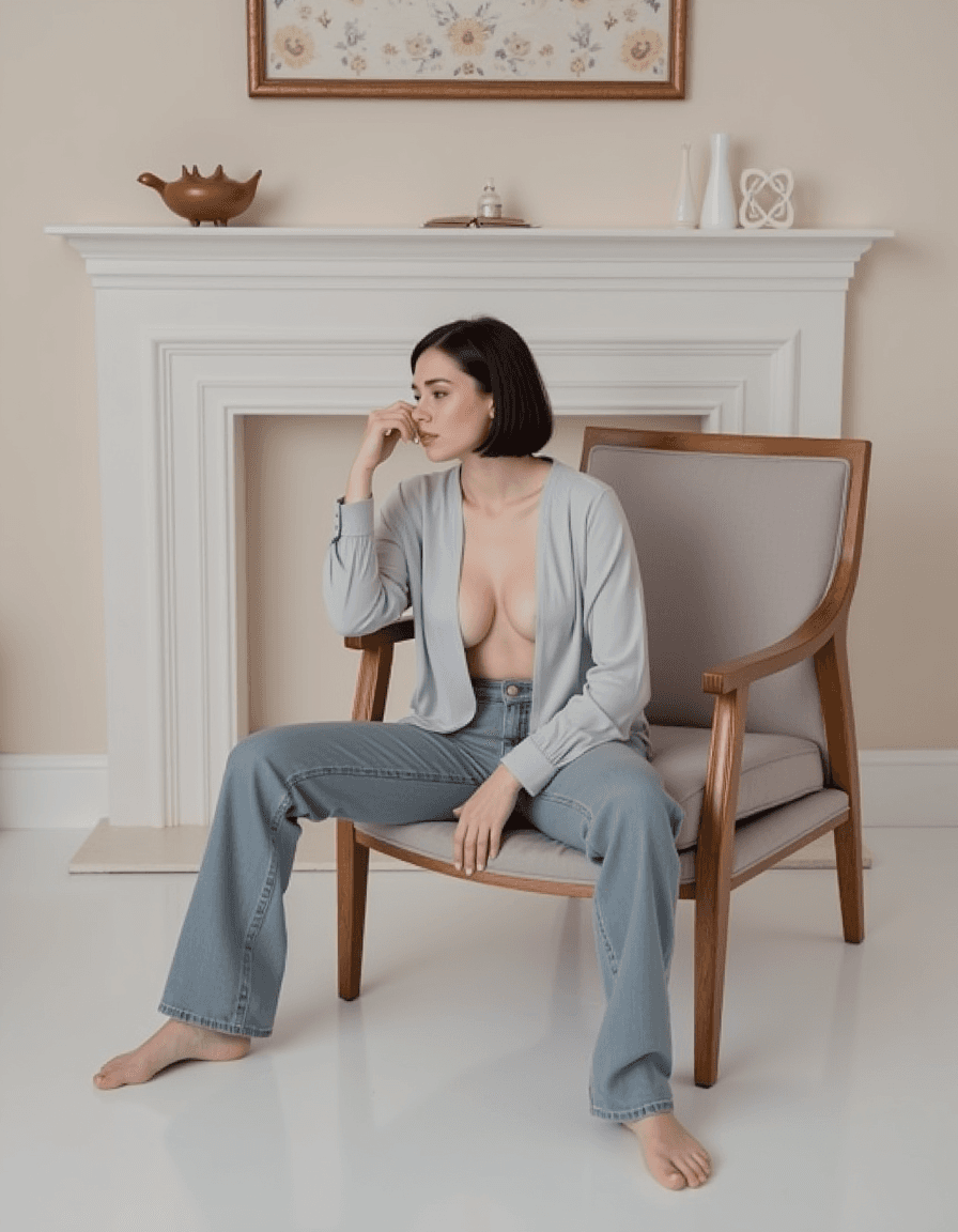 AI generated: A young, fit woman with short dark hair and fair skin is seated on a wooden chair. She wears a light...