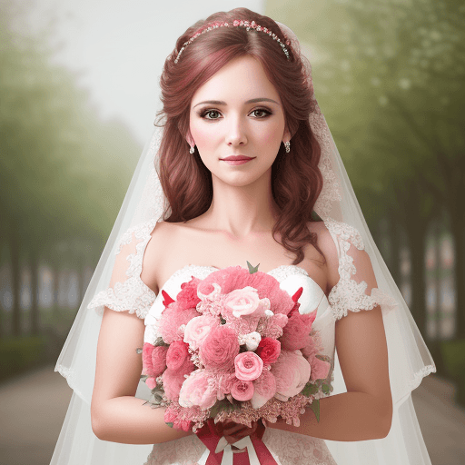 AI generated: Beautiful bride with a bouquet of pink, red and white flowers in her hands in realistic 6k quality