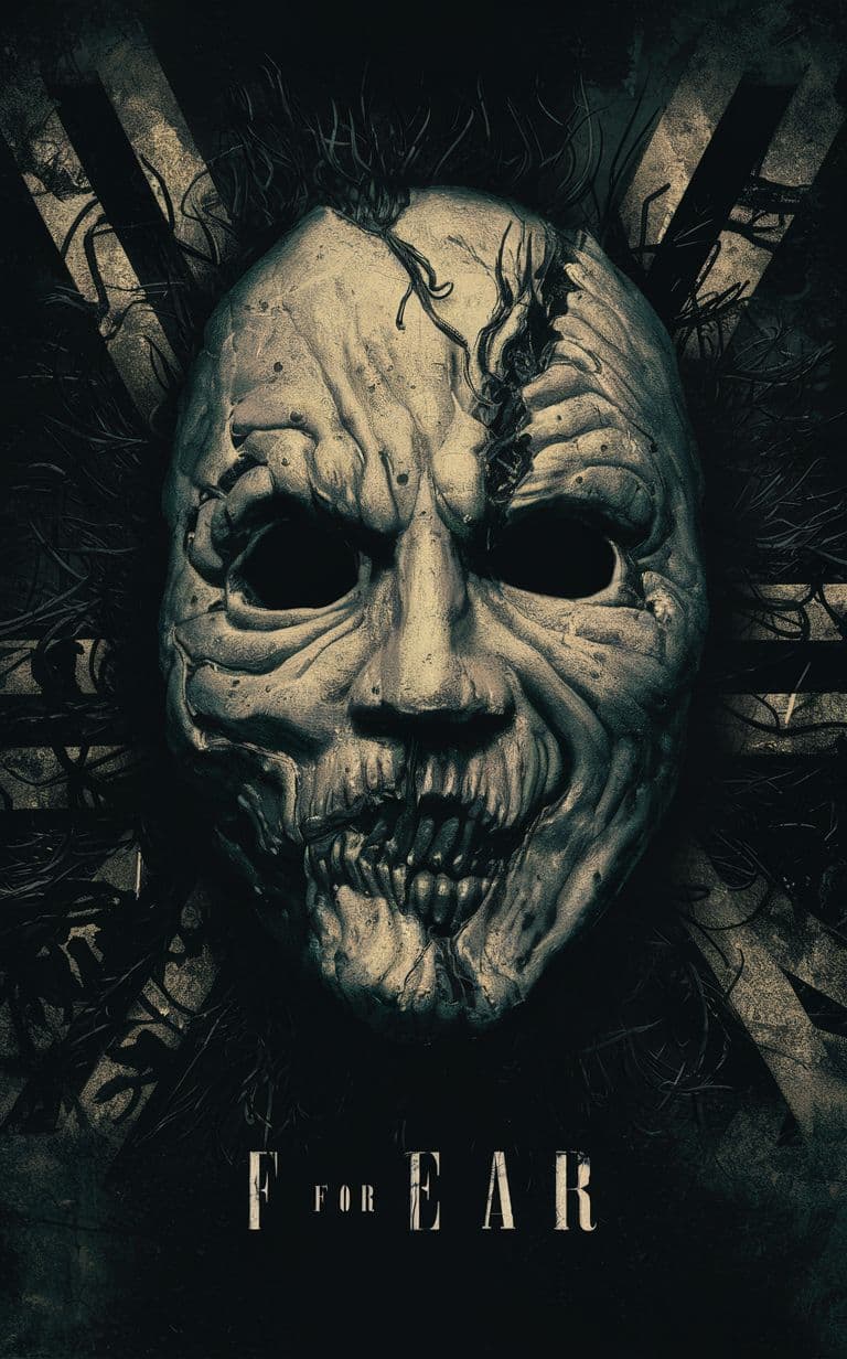 AI generated: A striking and eerie poster for the film "F for Fear," featuring the iconic V for Vendetta mask, wit...