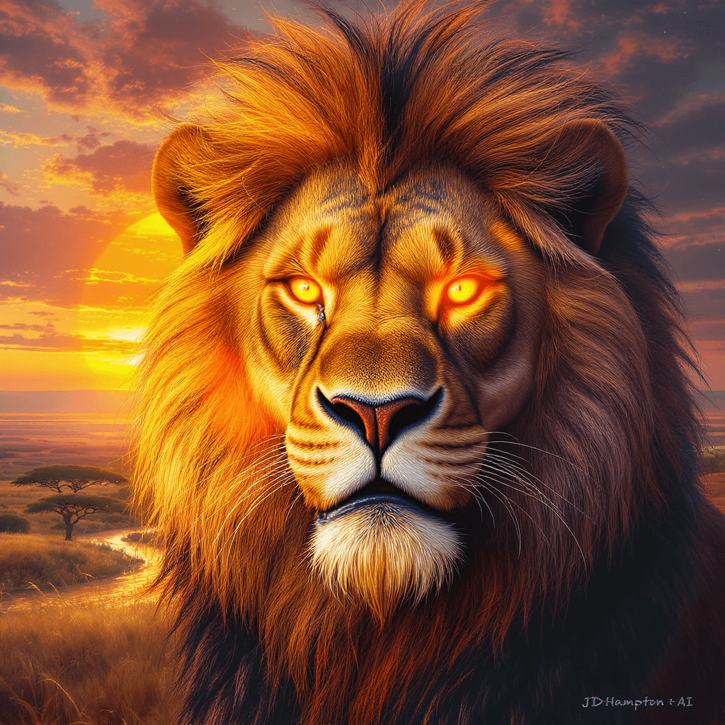 AI generated: An extreme close-up digital painting of a majestic Barbary lion's face, directly confronting the vie...
