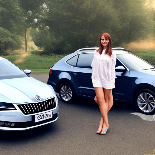 AI generated: Photo of a ultra realistic girl standing next to Skoda superb car
