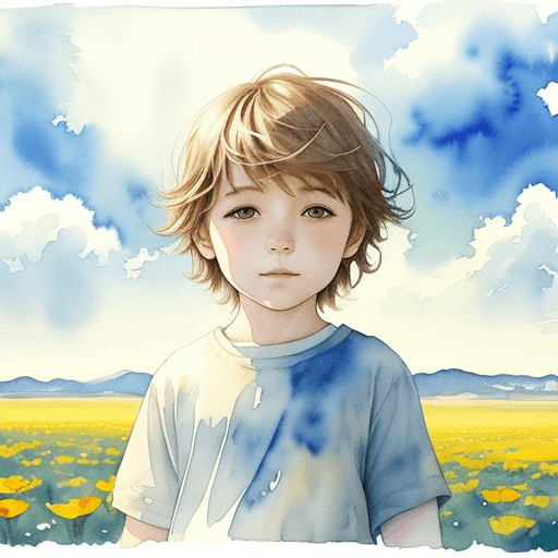 AI generated: watercolor painting of one kid, sunshine, lovely, gardern, peaceful,wind,flower,vast, cloudy