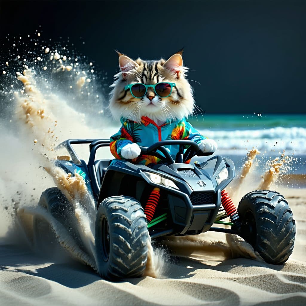 AI generated: Create an image of an extreme sports scenario featuring a real cat with a grey and black face and a ...
