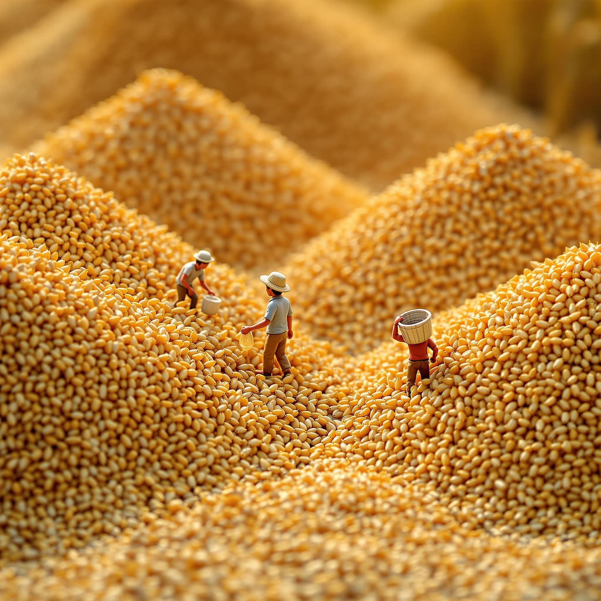 AI generated: Miniature scenes of wheat harvesting, grain piles filled with golden grain and small people carrying...