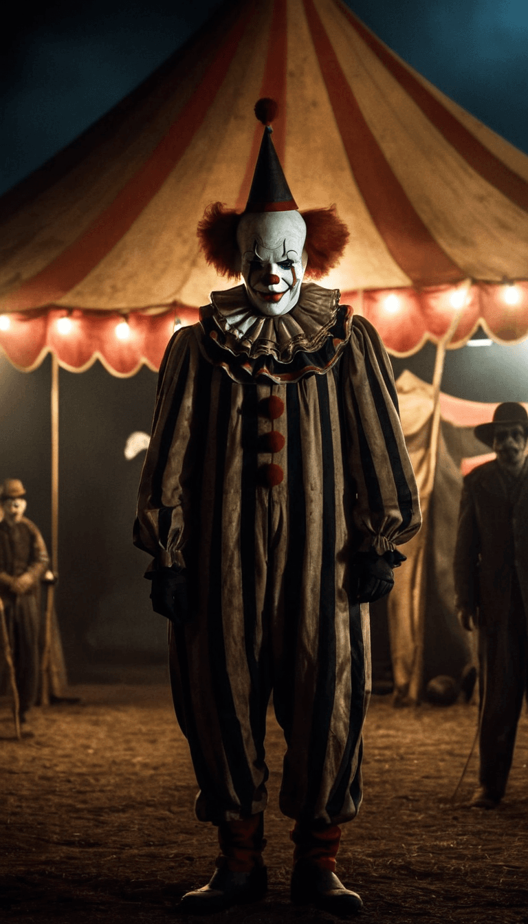 AI generated: A evil clown standing in front of the circus tent at night, highres, realistic photo, professional p...