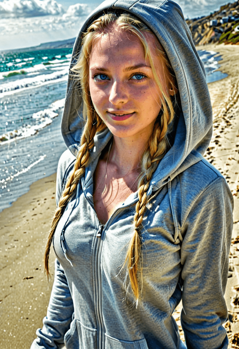 AI generated: HDR photo of happy woman with long blonde hair, braid, light blue eyes, perfect eyes, wearing a ligh...