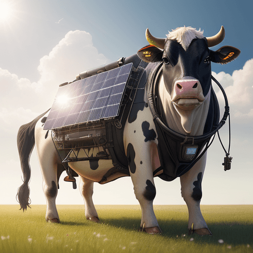 AI generated: A happy cow in a field with a solar panel strapped to its back, trending on artstation, sharp focus,...