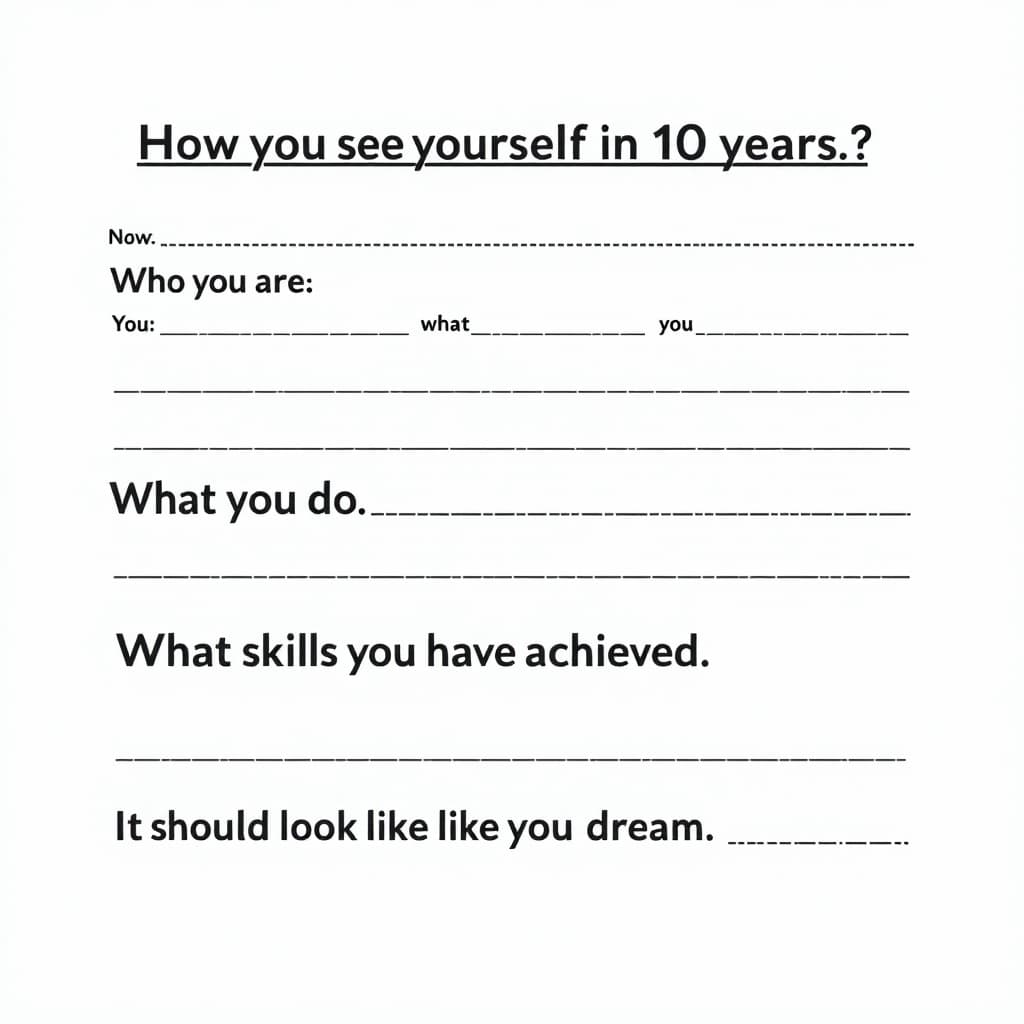 AI generated: Generate a worksheet with blank space to fulfill - how you see yourself in 10 years: who you are, wh...
