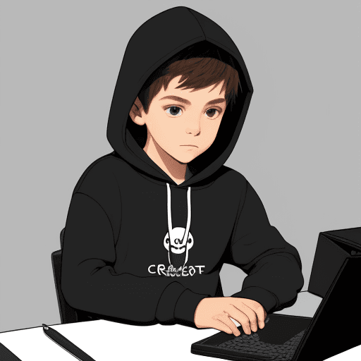 AI generated: Create boy sitting at computer desk, wearing Hoodie, simple, vector, design