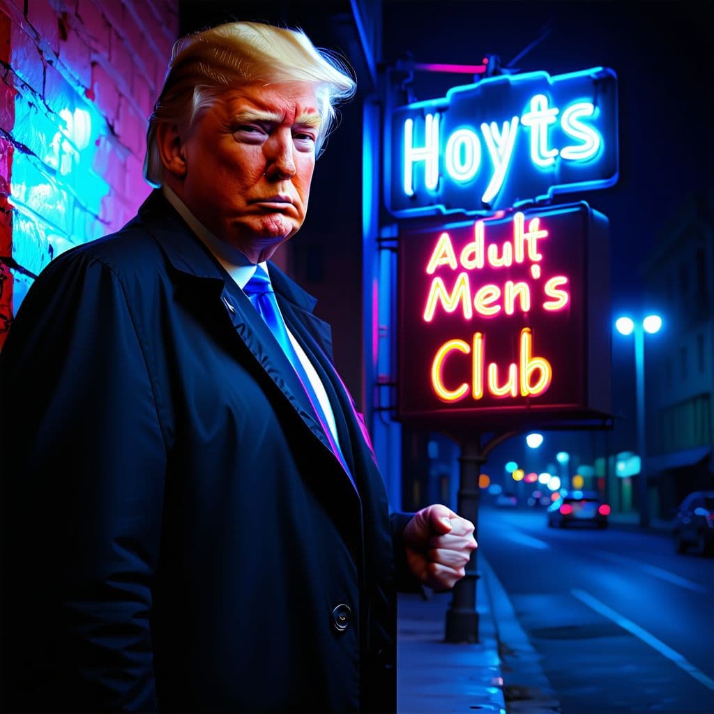 AI generated: Donald trump
 Holding a "Hoyts Adult Men’s Club" neon sign, night street, cyberpunk