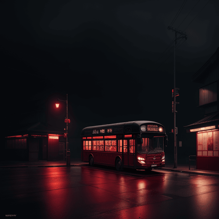 AI generated: the dark bus is waiting at a bus stop at night, in the style of photorealistic fantasies, depictions...