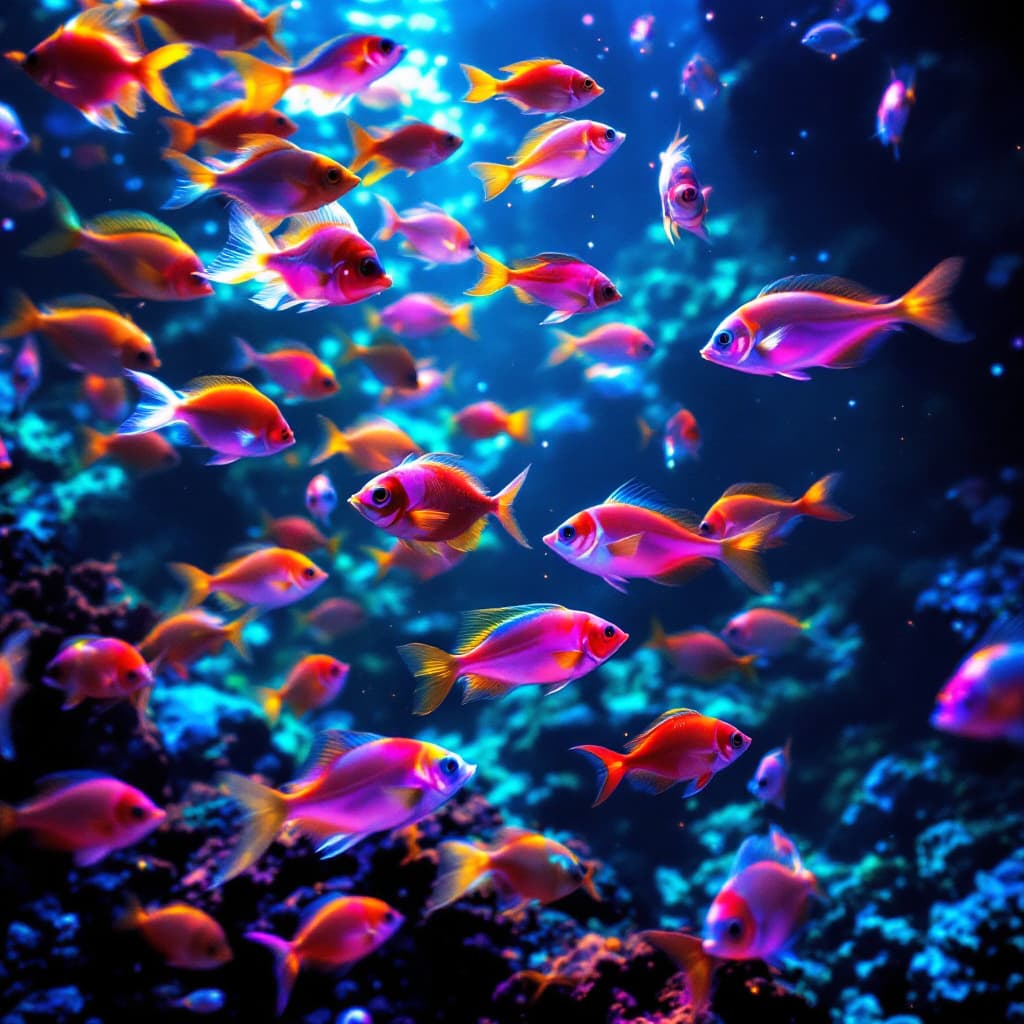 AI generated: 25.	a school of fish - so unique glowing neon - all colours under the deep sea, light beams from bod...