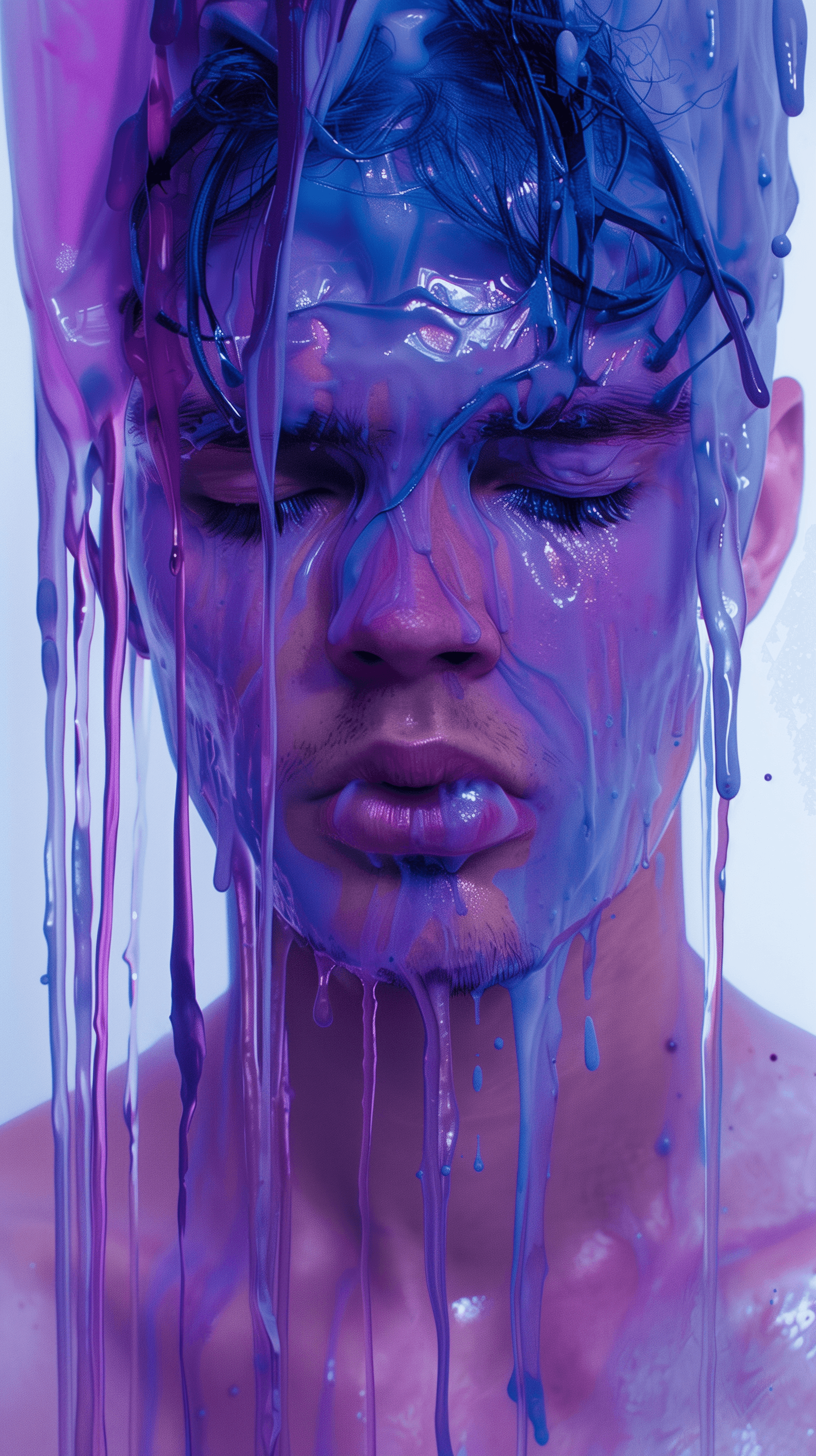 AI generated: high resolution photography, a male figure emerges from a cascading purple and blue color wash, half...