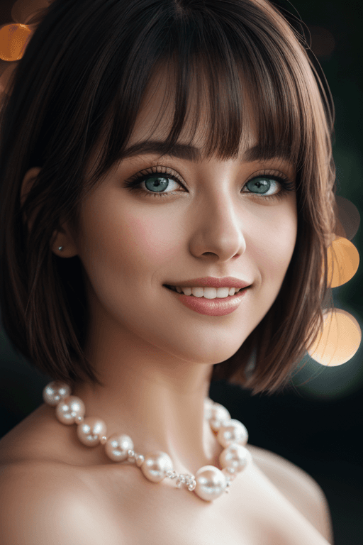 AI generated: portrait of beautiful  brunette woman,(smiling),photo realistic, full image, green eyes,pearl neckla...