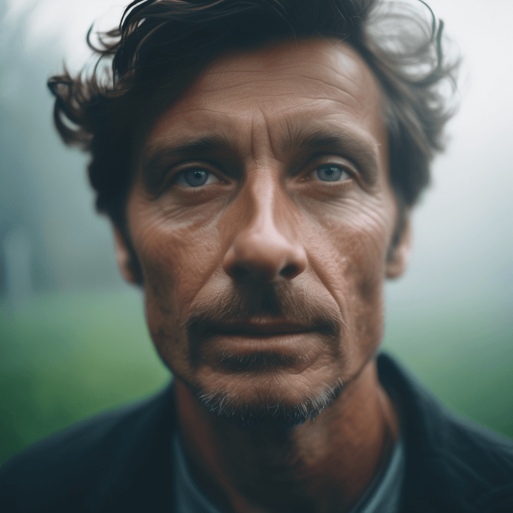 AI generated: A dramatic close-up of a European writer in summer daylight, portraying deep emotions and surrounded...