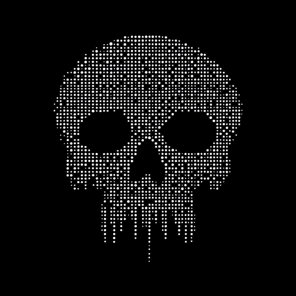 AI generated: a simple white dotted dots forming the shape of skull  face, flat design, vector illustration, on bl...