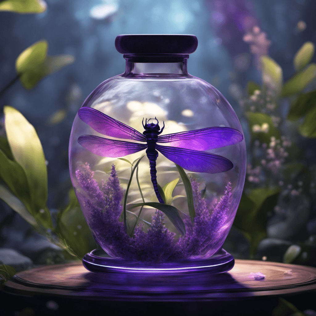 AI generated: A glowing dragonfly black purple lilac in a mystic glass flask found in an enchanted ruined plant ho...