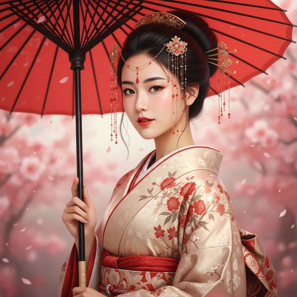 AI generated: A young, Asian woman, with fair skin and dark, flowing hair styled into a bun adorned with ornamenta...