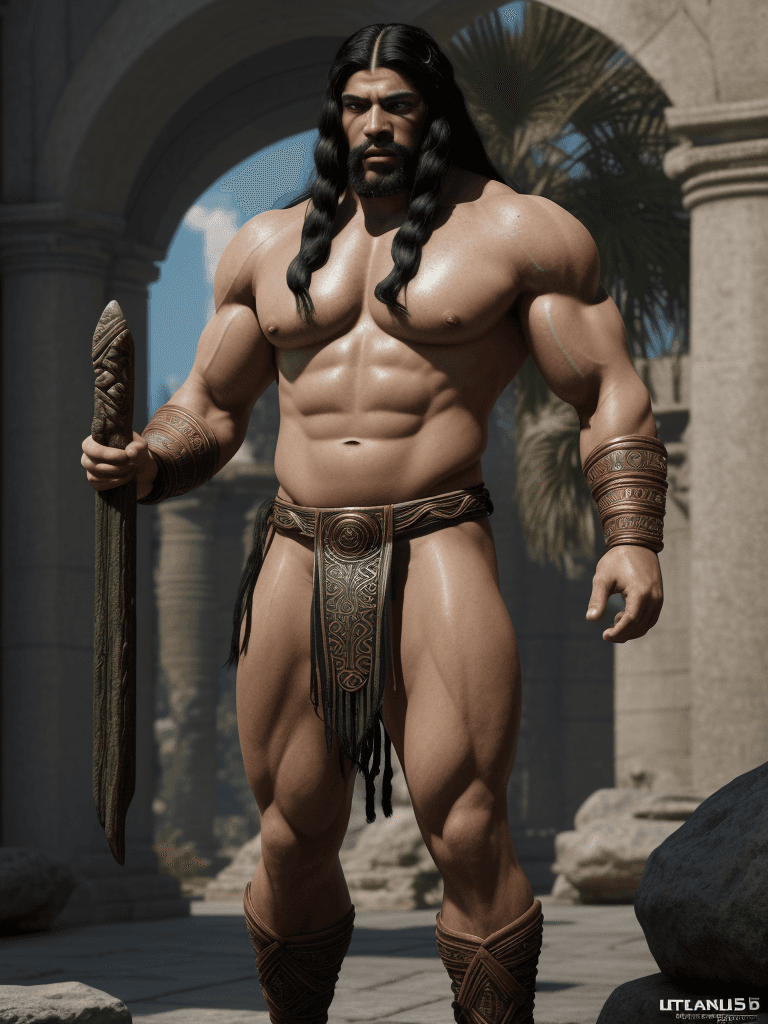 AI generated: A male ancient atlantean Hercules in the flesh, long flowing black hair, huge muscles, muscular, tin...