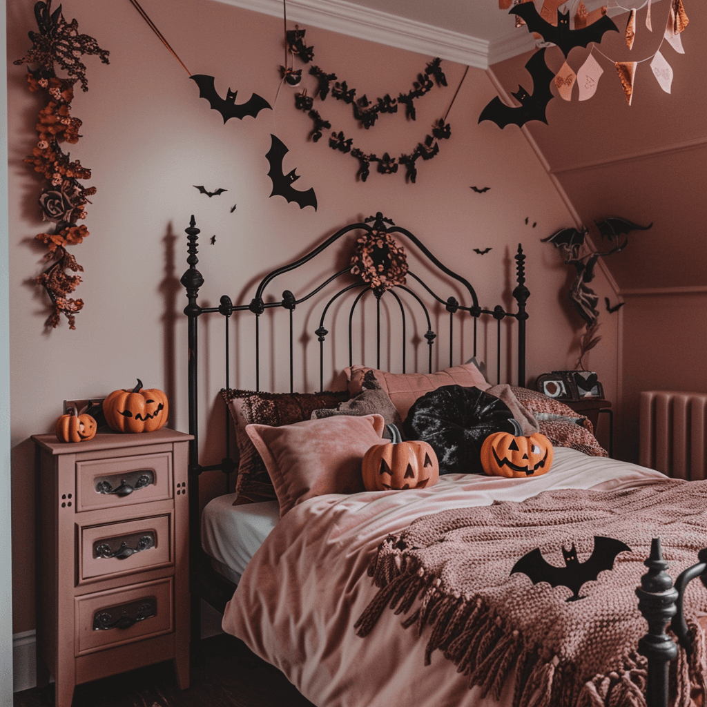 AI generated: a cozy bedroom full of gothic whimsical decor. pink halloween decorations are placed on the walls an...