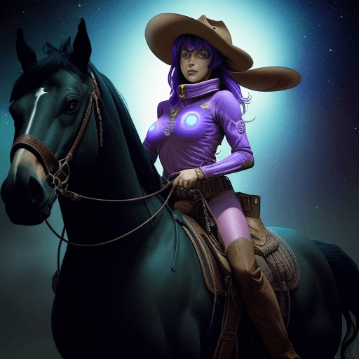 AI generated: woman cowboy, riding a horse, the horse has bulging eyes, funny photo, from Scott Snyder and artist ...