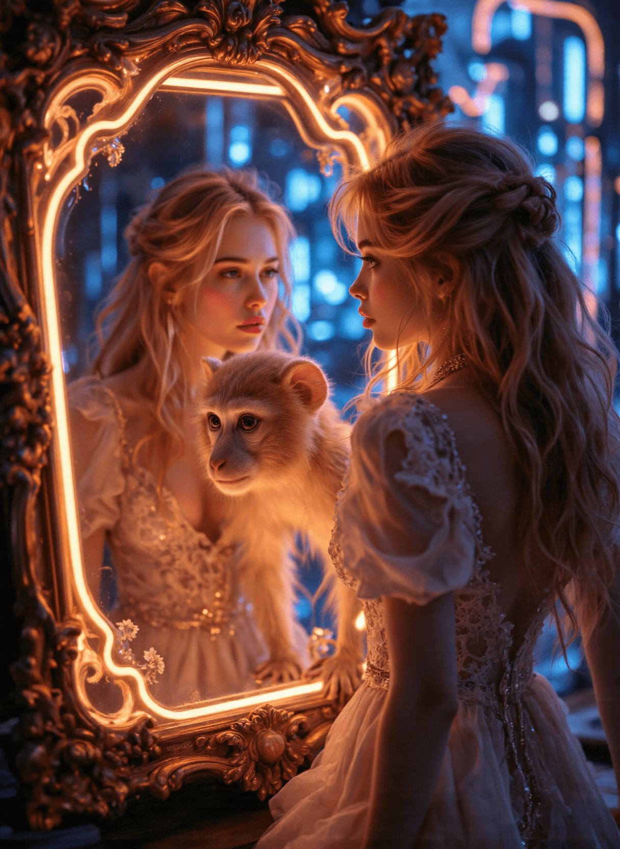 AI generated: The image depicts a surreal and whimsical scene where a young woman is standing in front of an ornat...