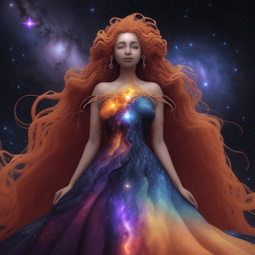AI generated: Envision a celestial being, a woman whose dress and hair are made of cosmic elements, standing on a ...