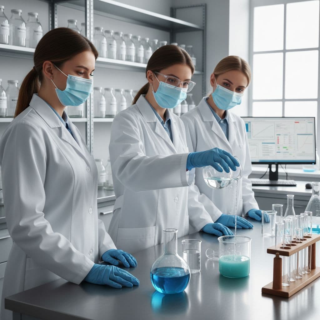 AI generated: Three hyper-realistic female scientists are conducting experiments in a bright and clean modern labo...