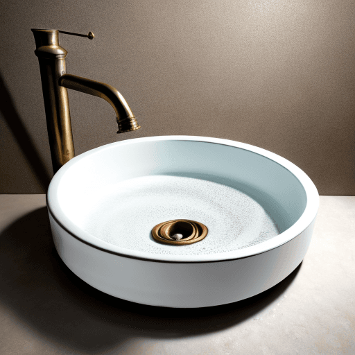 AI generated: water whirlpool from a white enamel sink into a old bronze plughole