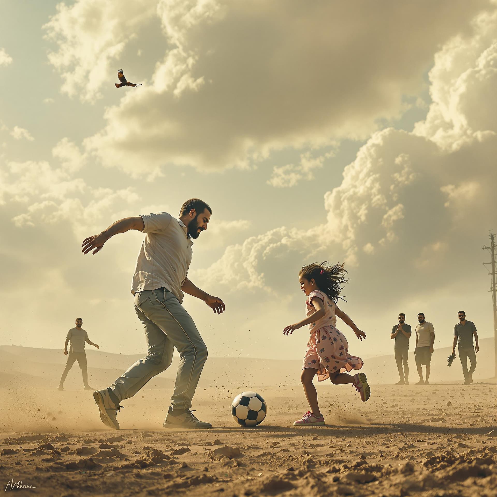 AI generated: An Iranian man playing soccer with his daughter on a dirt field, a few friends cheering them on in t...