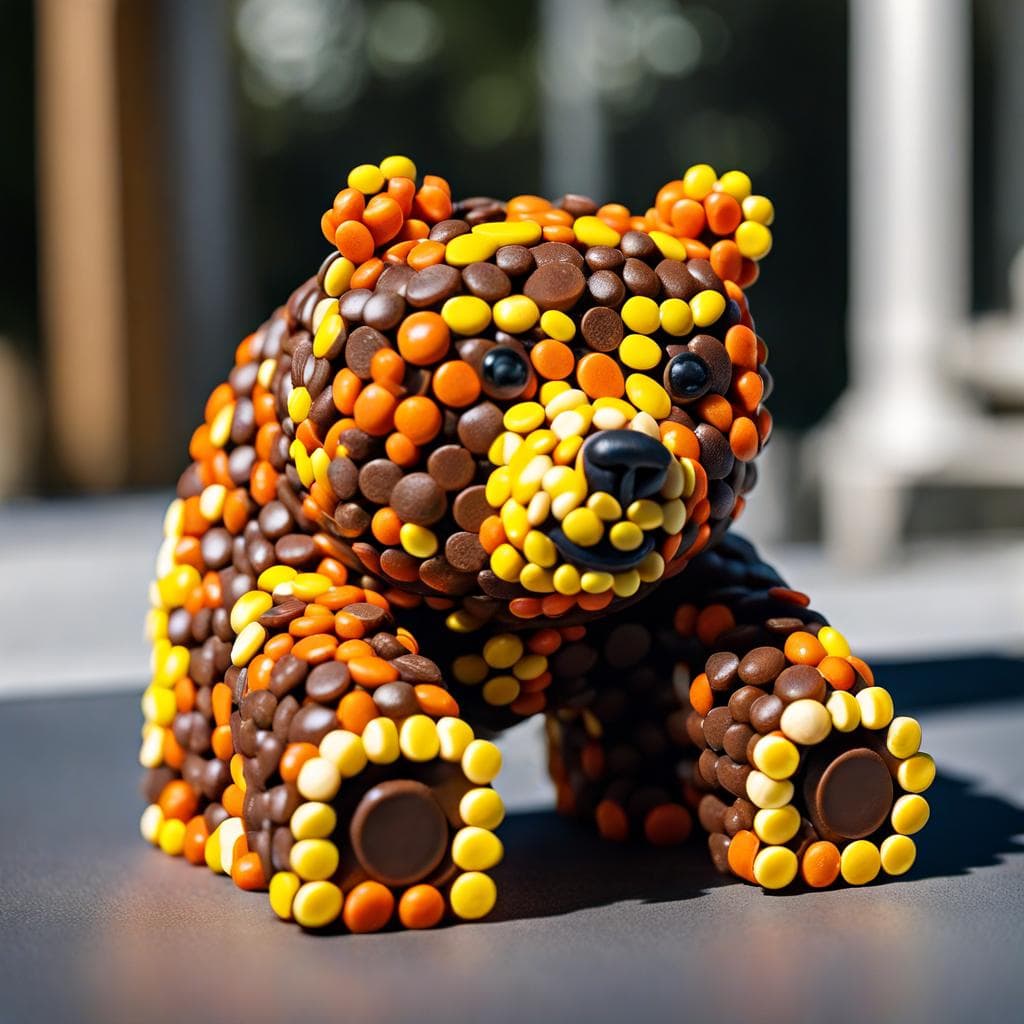 AI generated: full wide view of a sculptured bear crafted from Reese's Pieces, its form reminiscent of a powerful ...