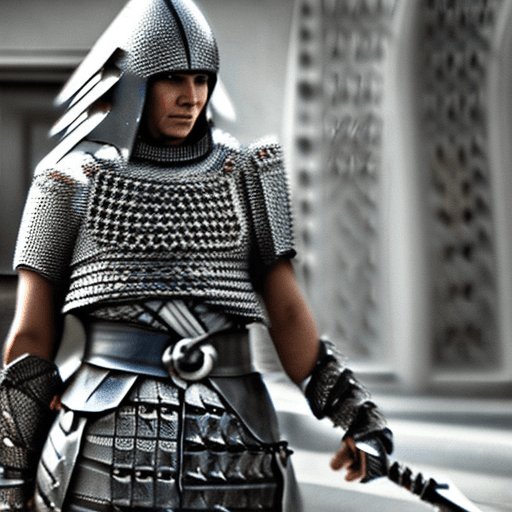 AI generated: Elf, warrior woman in chainmail armor wielding a sword. She is a fierce warrior on the battlefield, ...
