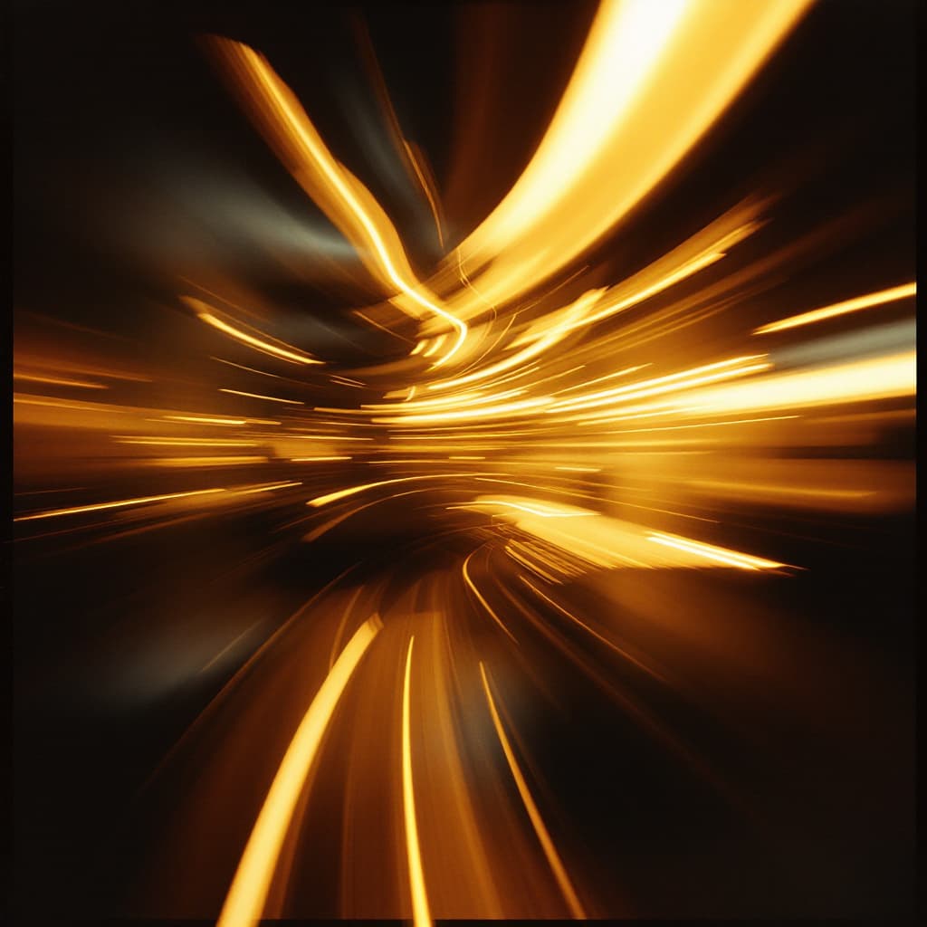 AI generated: A cinematic abstract photo with heavy motion blur, capturing warm amber and gold tones streaked acro...