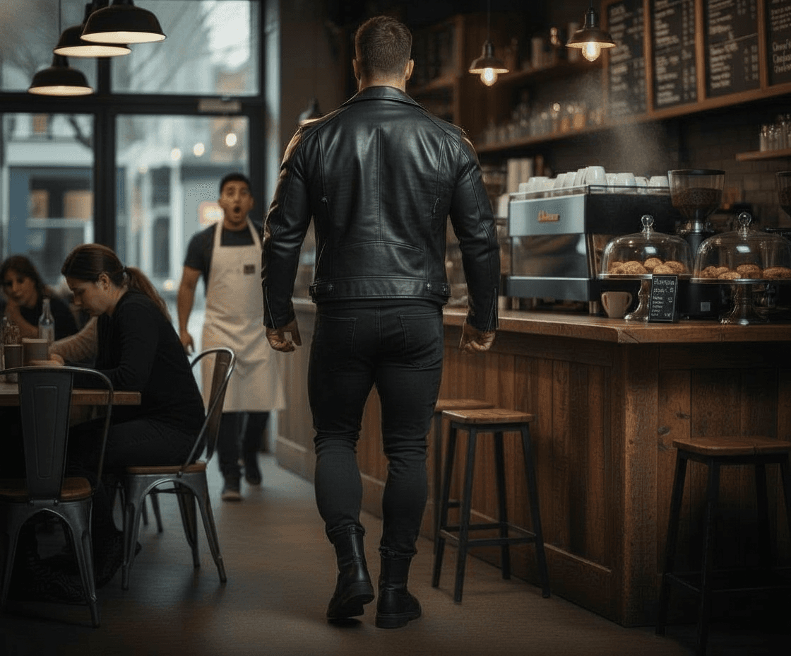 AI generated: Bodybuilder has bigger calves muscles and thighs. The Hispanic barista is at the corner of the count...