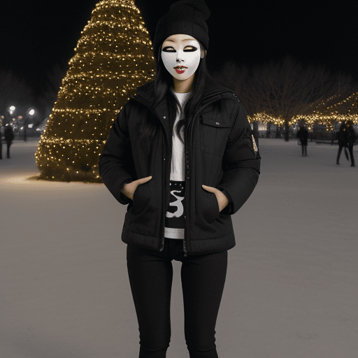 AI generated: beautiful korean woman, slim, wearing black winter jacket and black jeans, black beanie, ((wearing b...